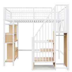 Okwish Lit Mezzanine 90x200 cm - Lit enfant et Adulte avec Rangement, Étagères et Escalier Sécurisé, Métal Blanc, Sans Matelas* Lit Mezzanine