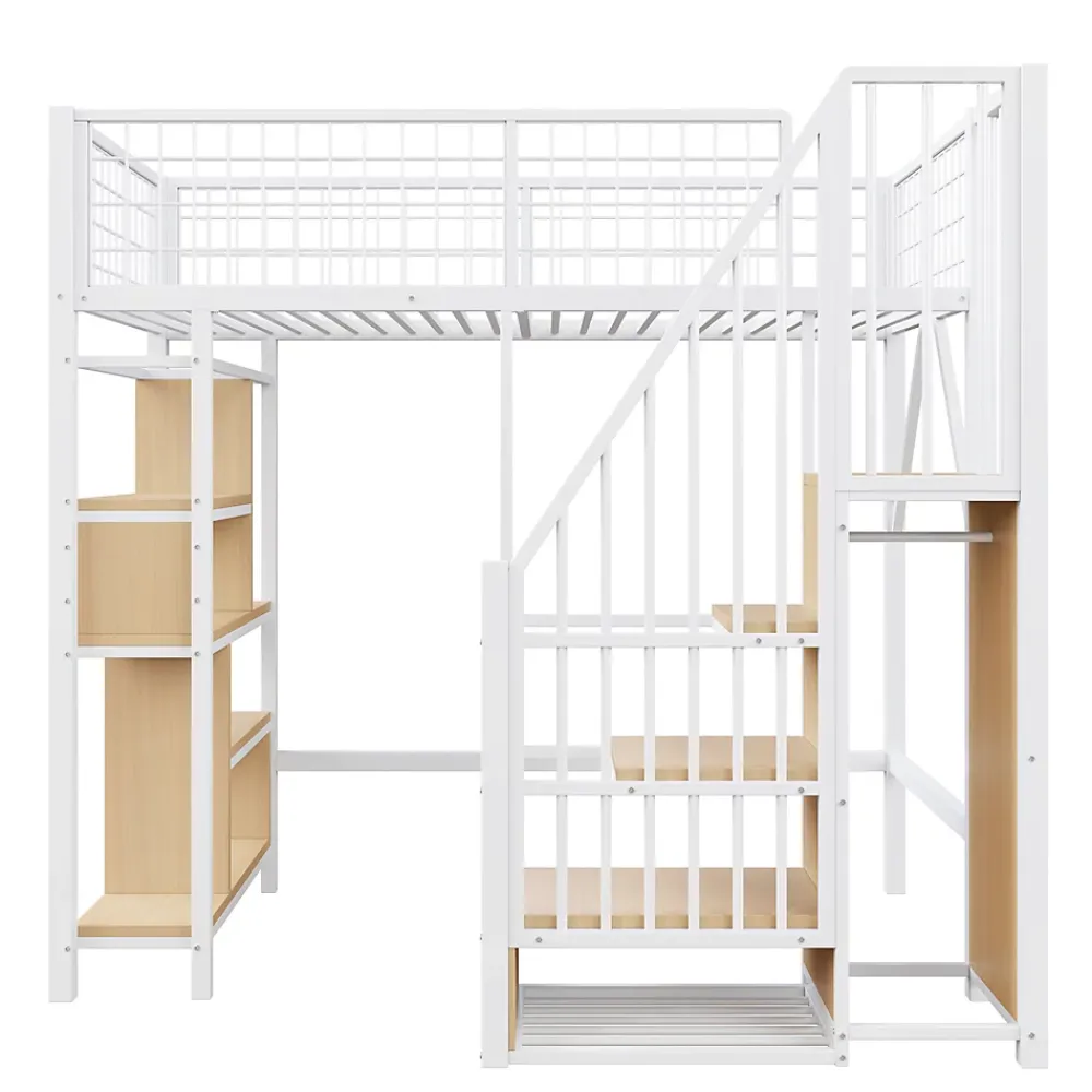 Okwish Lit Mezzanine 90x200 cm - Lit enfant et Adulte avec Rangement, Étagères et Escalier Sécurisé, Métal Blanc, Sans Matelas* Lit Mezzanine