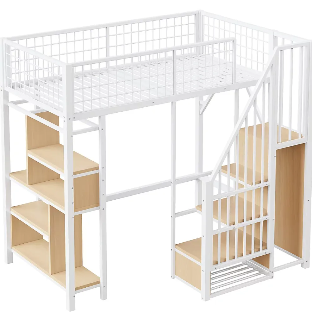 Okwish Lit Mezzanine 90x200 cm - Lit enfant et Adulte avec Rangement, Étagères et Escalier Sécurisé, Métal Blanc, Sans Matelas* Lit Mezzanine