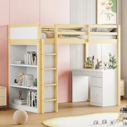 Okwish Lit Mezzanine 90x200 cm - Lit enfant avec Bureau et Rangement, Lit Combiné Bois Naturel et Blanc, Sans Matelas* Lit Mezzanine
