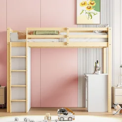 Okwish Lit Mezzanine 90x200 cm - Lit enfant avec Bureau et Rangement, Lit Combiné Bois Naturel et Blanc, Sans Matelas* Lit Mezzanine