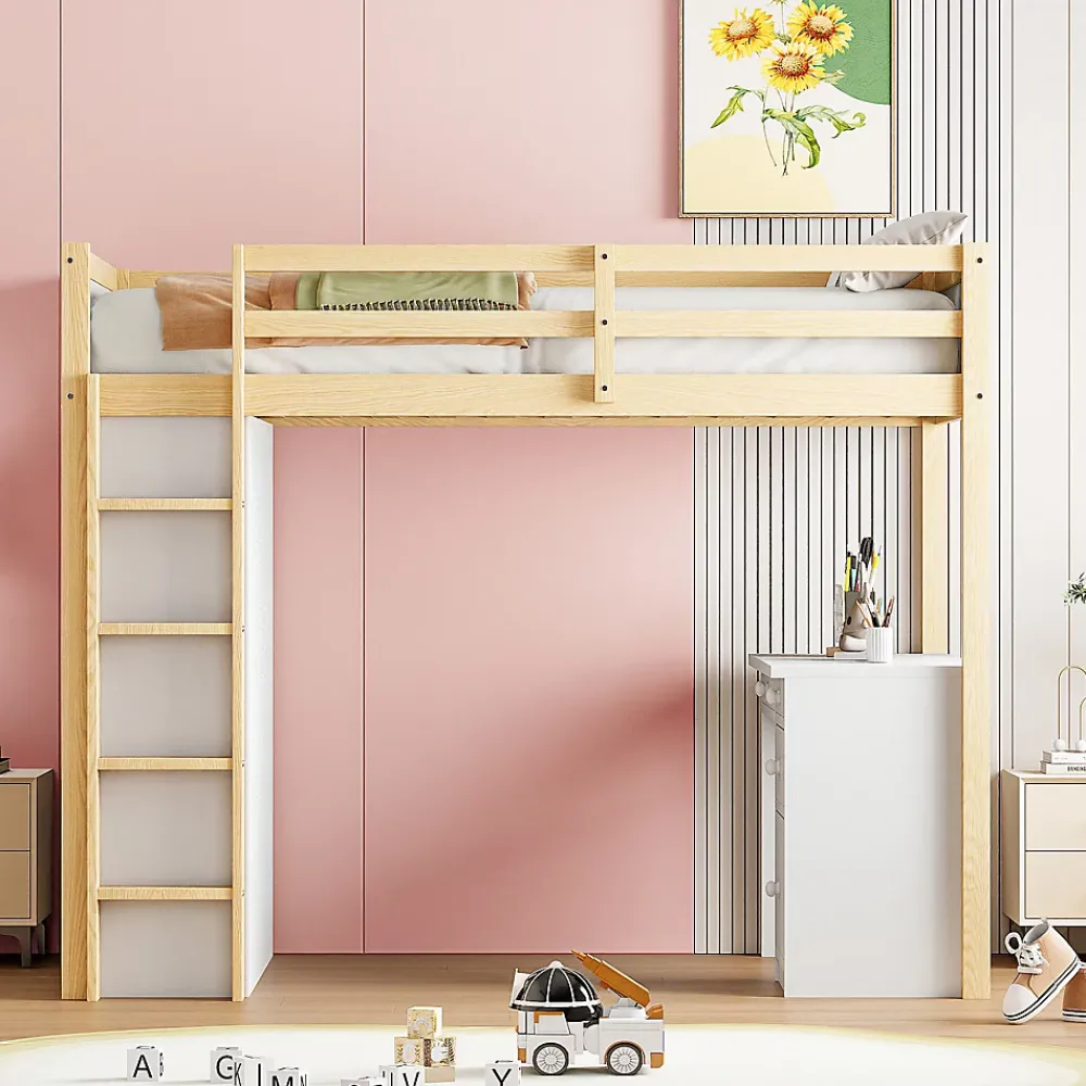 Okwish Lit Mezzanine 90x200 cm - Lit enfant avec Bureau et Rangement, Lit Combiné Bois Naturel et Blanc, Sans Matelas* Lit Mezzanine