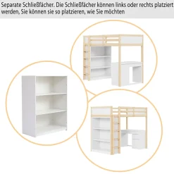 Okwish Lit Mezzanine 90x200 cm - Lit enfant avec Bureau et Rangement, Lit Combiné Bois Naturel et Blanc, Sans Matelas* Lit Mezzanine