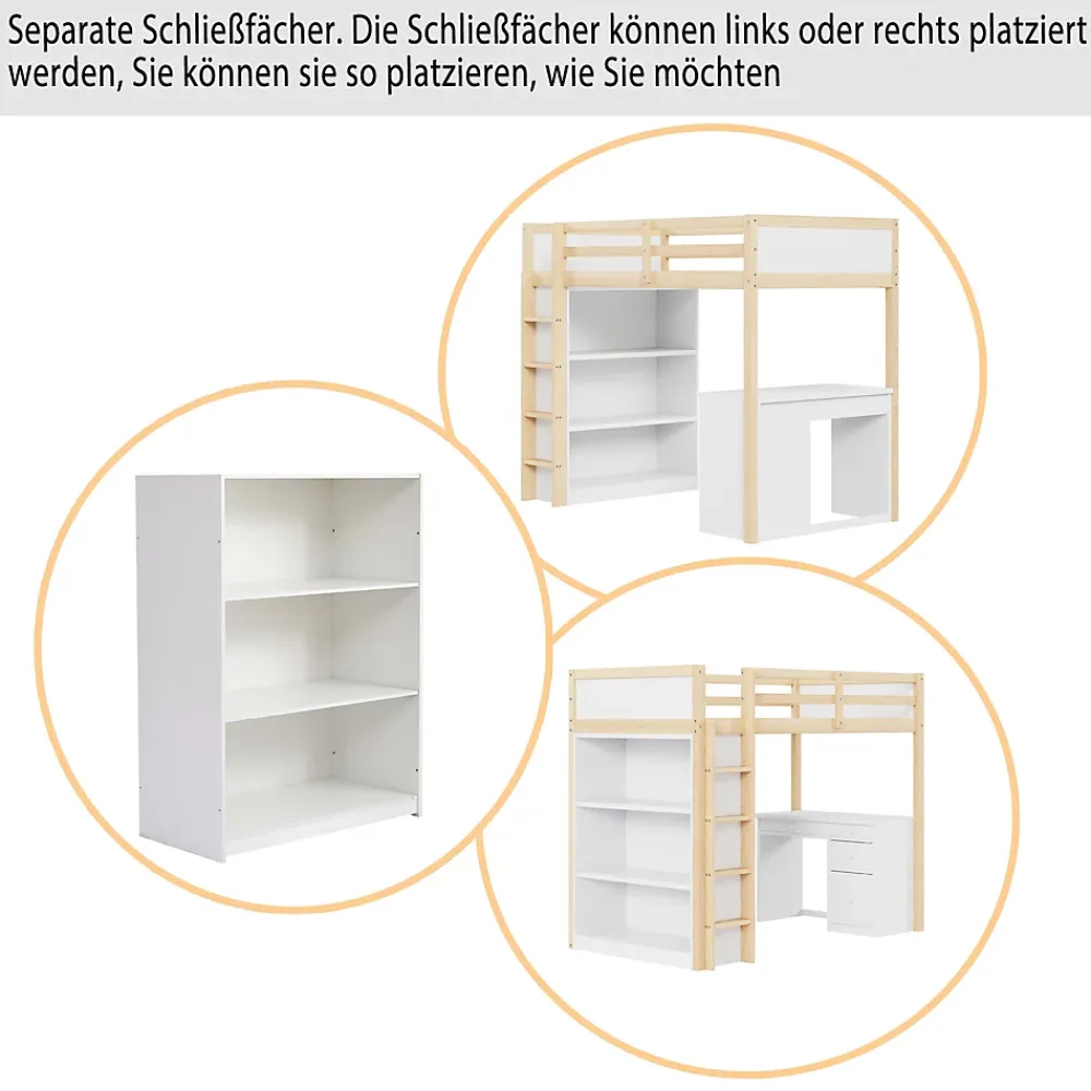 Okwish Lit Mezzanine 90x200 cm - Lit enfant avec Bureau et Rangement, Lit Combiné Bois Naturel et Blanc, Sans Matelas* Lit Mezzanine