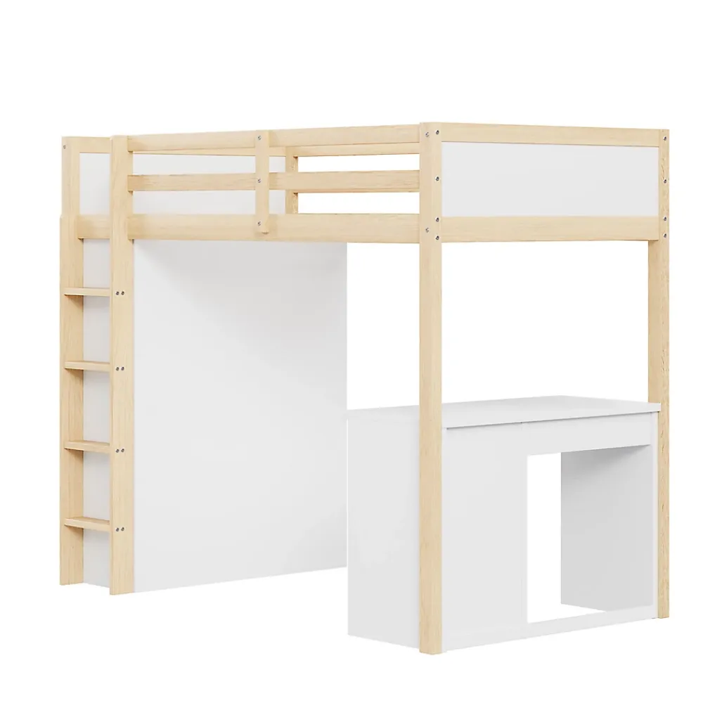 Okwish Lit Mezzanine 90x200 cm - Lit enfant avec Bureau et Rangement, Lit Combiné Bois Naturel et Blanc, Sans Matelas* Lit Mezzanine