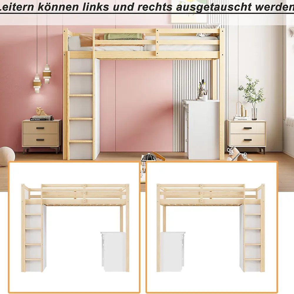 Okwish Lit Mezzanine 90x200 cm - Lit enfant avec Bureau et Rangement, Lit Combiné Bois Naturel et Blanc, Sans Matelas* Lit Mezzanine