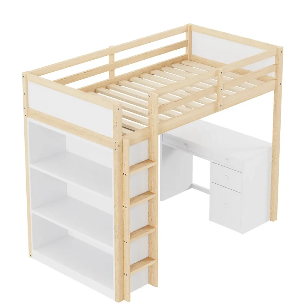 Okwish Lit Mezzanine 90x200 cm - Lit enfant avec Bureau et Rangement, Lit Combiné Bois Naturel et Blanc, Sans Matelas* Lit Mezzanine
