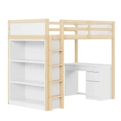 Okwish Lit Mezzanine 90x200 cm - Lit enfant avec Bureau et Rangement, Lit Combiné Bois Naturel et Blanc, Sans Matelas* Lit Mezzanine