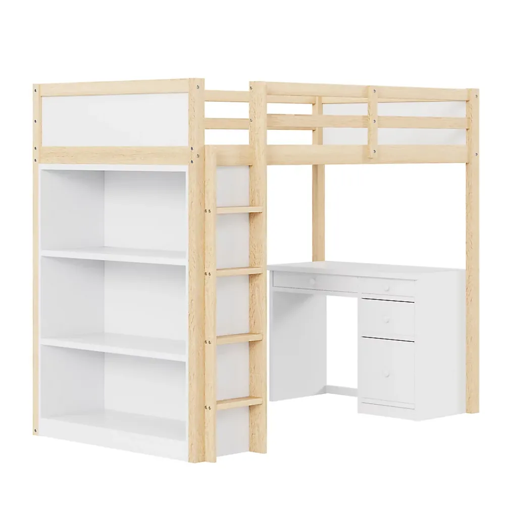 Okwish Lit Mezzanine 90x200 cm - Lit enfant avec Bureau et Rangement, Lit Combiné Bois Naturel et Blanc, Sans Matelas* Lit Mezzanine