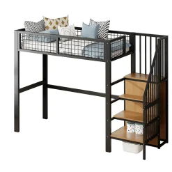 Okwish Lit Mezzanine 90x200 cm - Lit enfant avec Rangement, Étagères et Armoire Intégrée, Métal Noir, Échelle Sécurisée, Sans Matelas* Lit Mezzanine