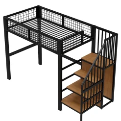 Okwish Lit Mezzanine 90x200 cm - Lit enfant avec Rangement, Étagères et Armoire Intégrée, Métal Noir, Échelle Sécurisée, Sans Matelas* Lit Mezzanine