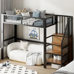 Okwish Lit Mezzanine 90x200 cm - Lit enfant avec Rangement, Étagères et Armoire Intégrée, Métal Noir, Échelle Sécurisée, Sans Matelas* Lit Mezzanine
