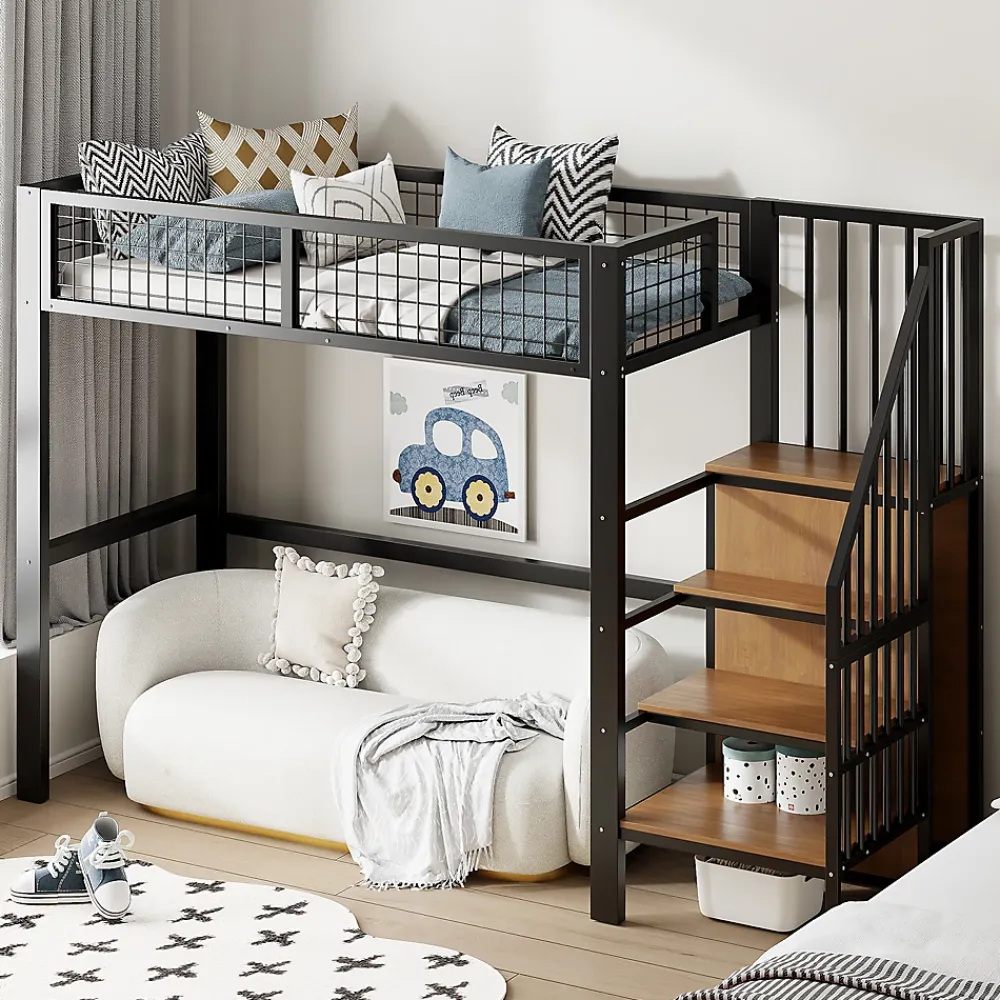Okwish Lit Mezzanine 90x200 cm - Lit enfant avec Rangement, Étagères et Armoire Intégrée, Métal Noir, Échelle Sécurisée, Sans Matelas* Lit Mezzanine