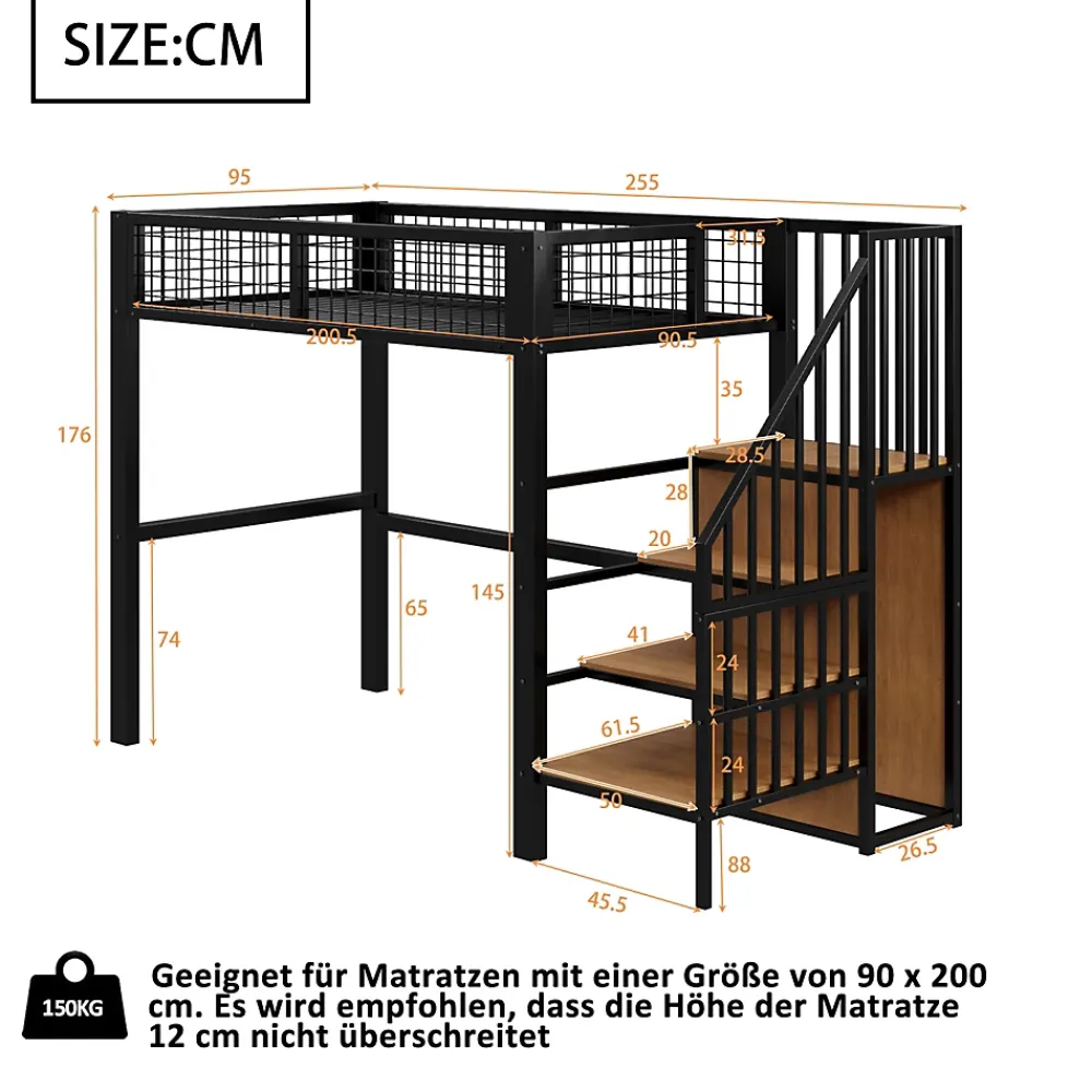 Okwish Lit Mezzanine 90x200 cm - Lit enfant avec Rangement, Étagères et Armoire Intégrée, Métal Noir, Échelle Sécurisée, Sans Matelas* Lit Mezzanine