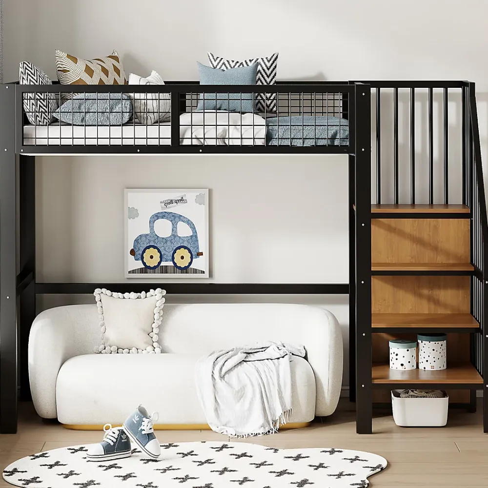 Okwish Lit Mezzanine 90x200 cm - Lit enfant avec Rangement, Étagères et Armoire Intégrée, Métal Noir, Échelle Sécurisée, Sans Matelas* Lit Mezzanine