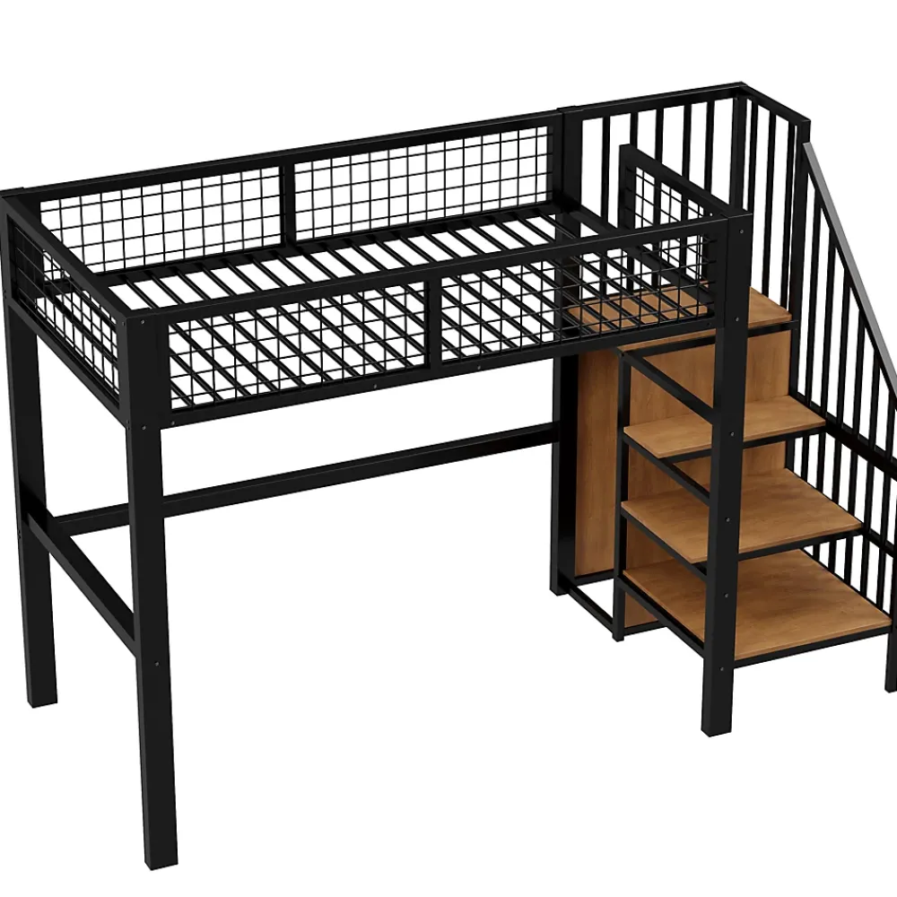 Okwish Lit Mezzanine 90x200 cm - Lit enfant avec Rangement, Étagères et Armoire Intégrée, Métal Noir, Échelle Sécurisée, Sans Matelas* Lit Mezzanine