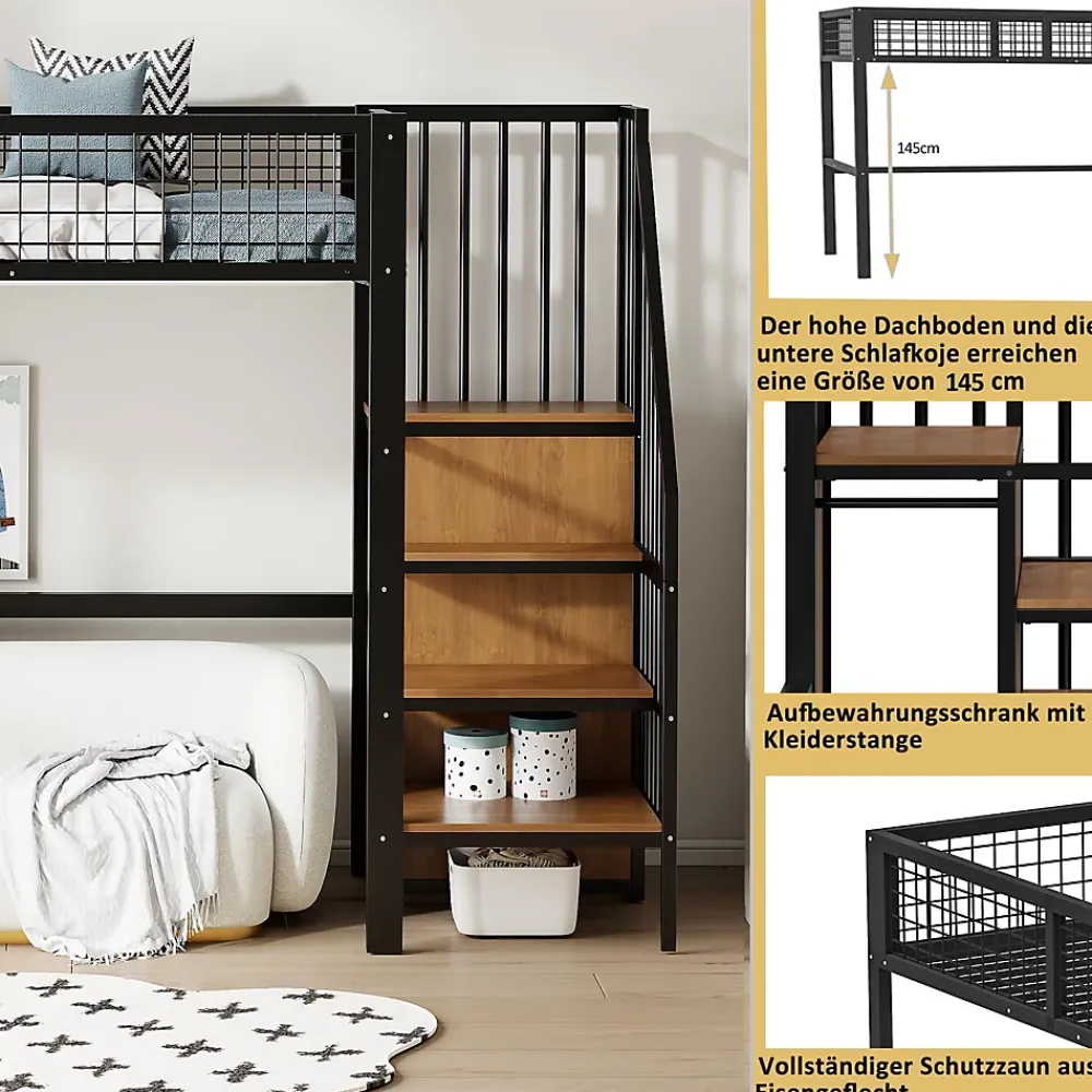 Okwish Lit Mezzanine 90x200 cm - Lit enfant avec Rangement, Étagères et Armoire Intégrée, Métal Noir, Échelle Sécurisée, Sans Matelas* Lit Mezzanine