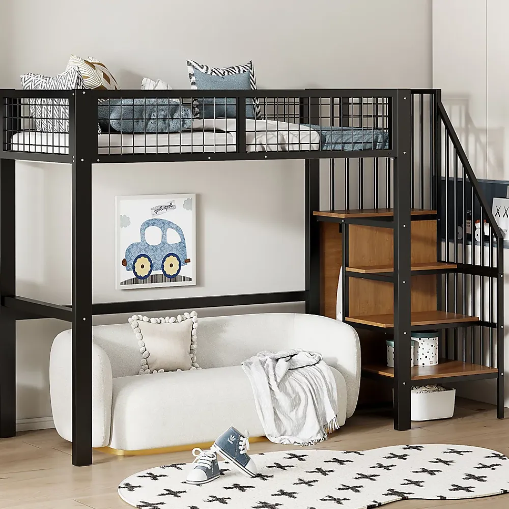 Okwish Lit Mezzanine 90x200 cm - Lit enfant avec Rangement, Étagères et Armoire Intégrée, Métal Noir, Échelle Sécurisée, Sans Matelas* Lit Mezzanine