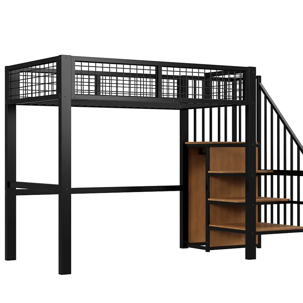 Okwish Lit Mezzanine 90x200 cm - Lit enfant avec Rangement, Étagères et Armoire Intégrée, Métal Noir, Échelle Sécurisée, Sans Matelas* Lit Mezzanine