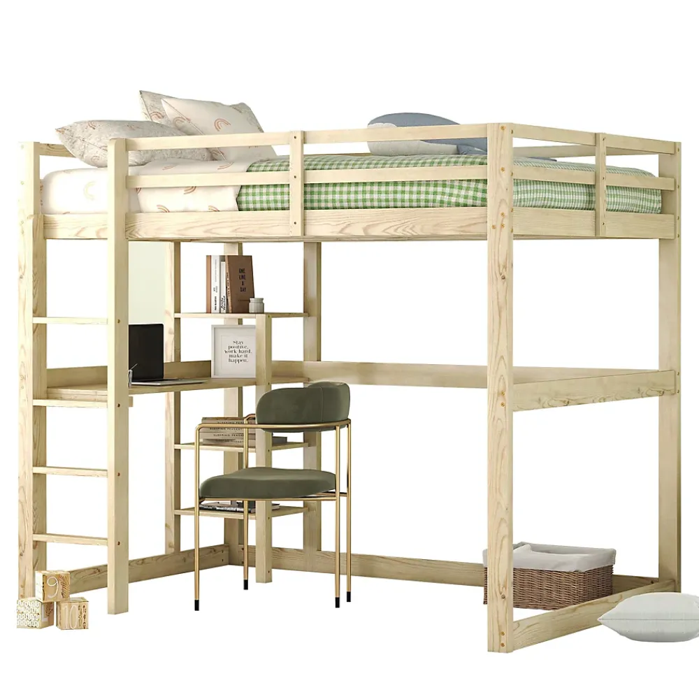 Okwish Lit Mezzanine 140x200 cm - Lit en Bois avec Bureau et 4 Compartiments de Rangement, Lit en Pin Naturel, Sans Matelas* Lit Mezzanine