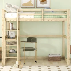 Okwish Lit Mezzanine 140x200 cm - Lit en Bois avec Bureau et 4 Compartiments de Rangement, Lit en Pin Naturel, Sans Matelas* Lit Mezzanine