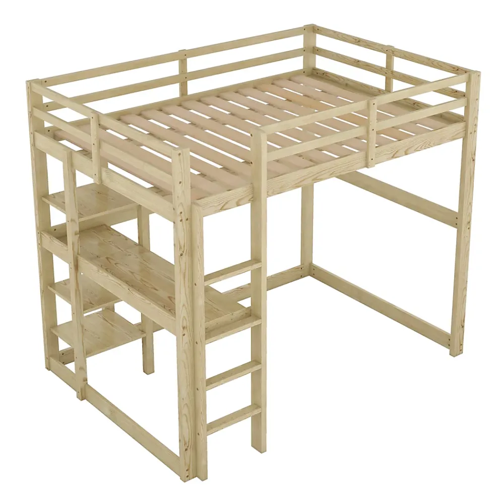 Okwish Lit Mezzanine 140x200 cm - Lit en Bois avec Bureau et 4 Compartiments de Rangement, Lit en Pin Naturel, Sans Matelas* Lit Mezzanine