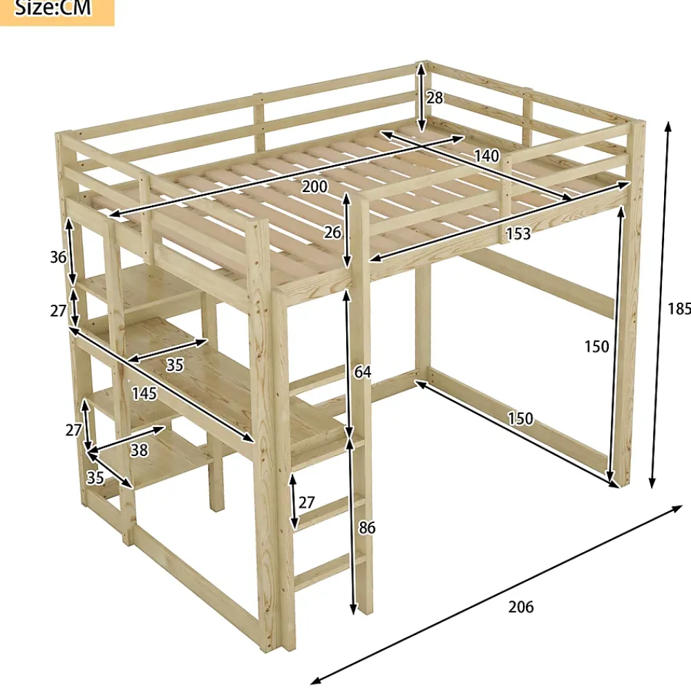Okwish Lit Mezzanine 140x200 cm - Lit en Bois avec Bureau et 4 Compartiments de Rangement, Lit en Pin Naturel, Sans Matelas* Lit Mezzanine