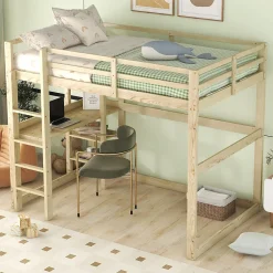 Okwish Lit Mezzanine 140x200 cm - Lit en Bois avec Bureau et 4 Compartiments de Rangement, Lit en Pin Naturel, Sans Matelas* Lit Mezzanine