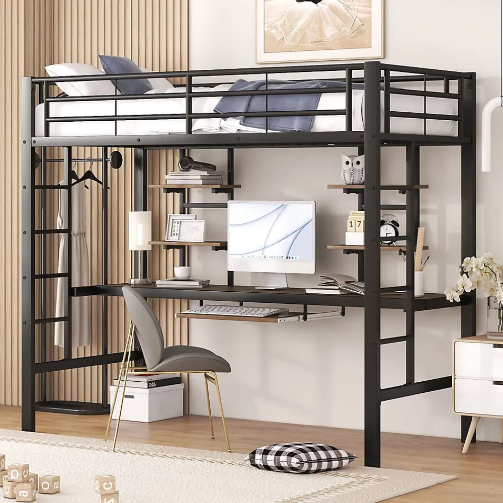 Okwish Lit Mezzanine 90x200 cm - Lit enfant avec Bureau et 2 Étagères - Métal + MDF - Sans Matelas - Noir* Lit Mezzanine