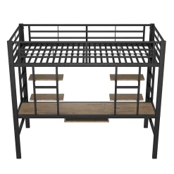Okwish Lit Mezzanine 90x200 cm - Lit enfant avec Bureau et 2 Étagères - Métal + MDF - Sans Matelas - Noir* Lit Mezzanine
