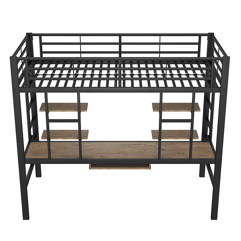 Okwish Lit Mezzanine 90x200 cm - Lit enfant avec Bureau et 2 Étagères - Métal + MDF - Sans Matelas - Noir* Lit Mezzanine