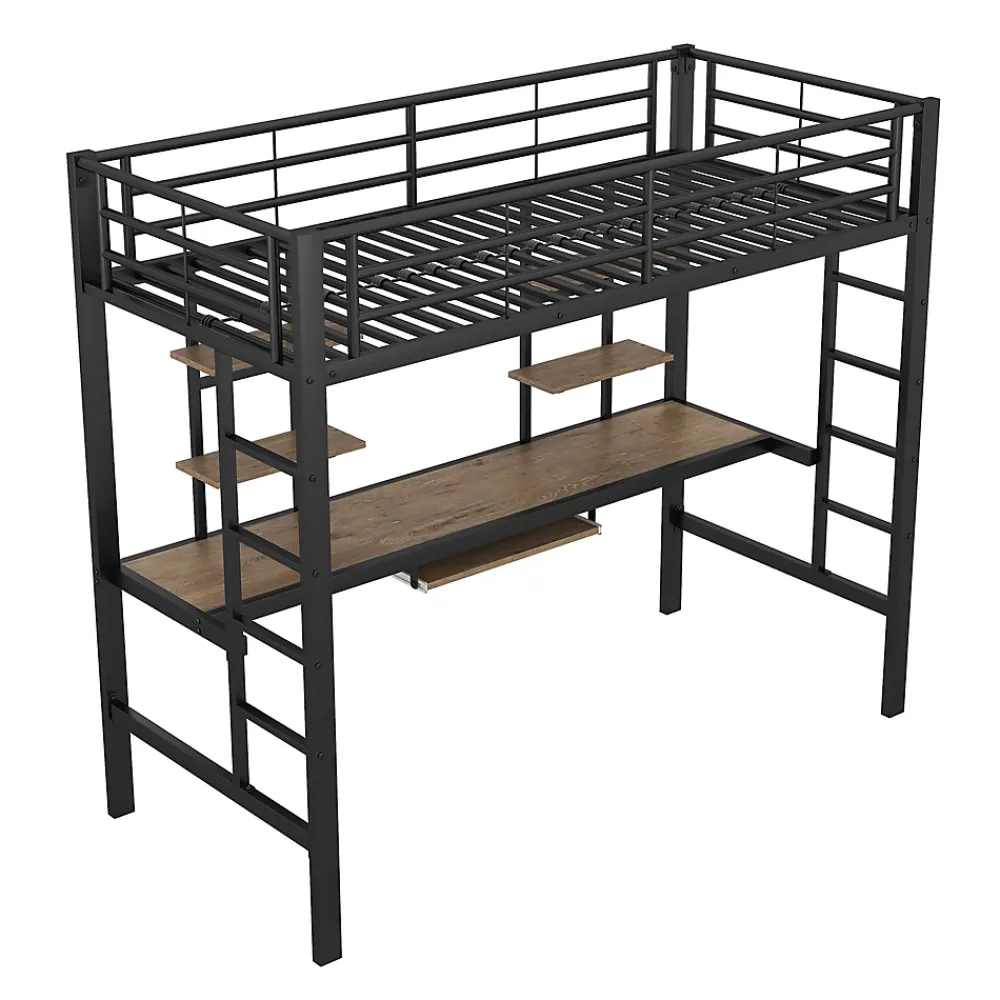 Okwish Lit Mezzanine 90x200 cm - Lit enfant avec Bureau et 2 Étagères - Métal + MDF - Sans Matelas - Noir* Lit Mezzanine