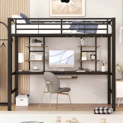 Okwish Lit Mezzanine 90x200 cm - Lit enfant avec Bureau et 2 Étagères - Métal + MDF - Sans Matelas - Noir* Lit Mezzanine