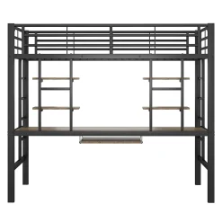 Okwish Lit Mezzanine 90x200 cm - Lit enfant avec Bureau et 2 Étagères - Métal + MDF - Sans Matelas - Noir* Lit Mezzanine