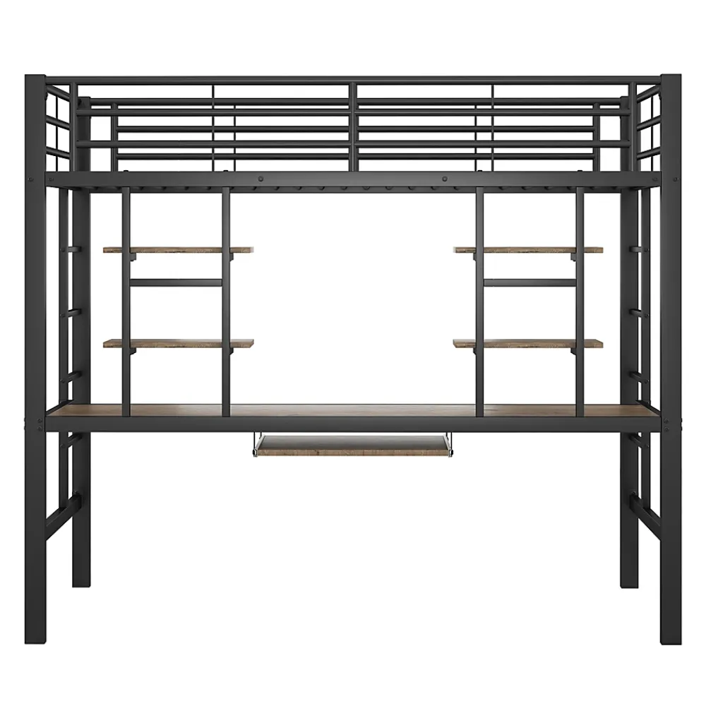 Okwish Lit Mezzanine 90x200 cm - Lit enfant avec Bureau et 2 Étagères - Métal + MDF - Sans Matelas - Noir* Lit Mezzanine