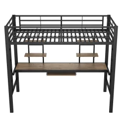 Okwish Lit Mezzanine 90x200 cm - Lit enfant avec Bureau et 2 Étagères - Métal + MDF - Sans Matelas - Noir* Lit Mezzanine