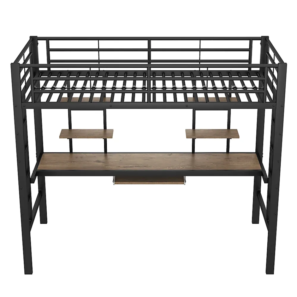Okwish Lit Mezzanine 90x200 cm - Lit enfant avec Bureau et 2 Étagères - Métal + MDF - Sans Matelas - Noir* Lit Mezzanine