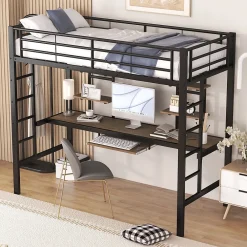 Okwish Lit Mezzanine 90x200 cm - Lit enfant avec Bureau et 2 Étagères - Métal + MDF - Sans Matelas - Noir* Lit Mezzanine