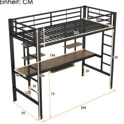 Okwish Lit Mezzanine 90x200 cm - Lit enfant avec Bureau et 2 Étagères - Métal + MDF - Sans Matelas - Noir* Lit Mezzanine
