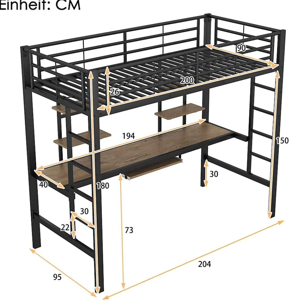Okwish Lit Mezzanine 90x200 cm - Lit enfant avec Bureau et 2 Étagères - Métal + MDF - Sans Matelas - Noir* Lit Mezzanine