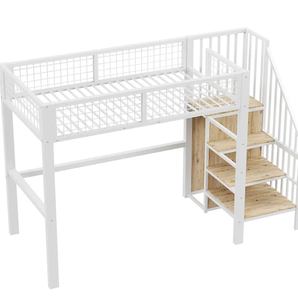 Okwish Lit Mezzanine 90x200 cm - Lit enfant avec Rangement, Armoire Intégrée, Étagères et Échelle Sécurisée, Métal Blanc* Lit Mezzanine