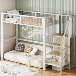Okwish Lit Mezzanine 90x200 cm - Lit enfant avec Rangement, Armoire Intégrée, Étagères et Échelle Sécurisée, Métal Blanc* Lit Mezzanine