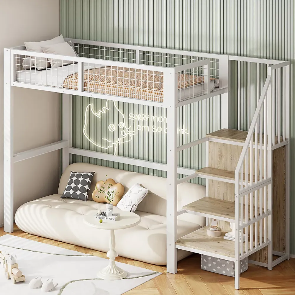 Okwish Lit Mezzanine 90x200 cm - Lit enfant avec Rangement, Armoire Intégrée, Étagères et Échelle Sécurisée, Métal Blanc* Lit Mezzanine