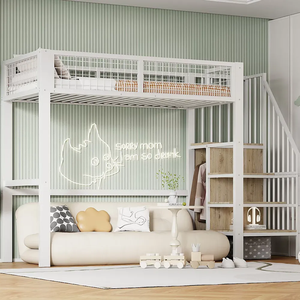 Okwish Lit Mezzanine 90x200 cm - Lit enfant avec Rangement, Armoire Intégrée, Étagères et Échelle Sécurisée, Métal Blanc* Lit Mezzanine
