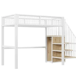 Okwish Lit Mezzanine 90x200 cm - Lit enfant avec Rangement, Armoire Intégrée, Étagères et Échelle Sécurisée, Métal Blanc* Lit Mezzanine