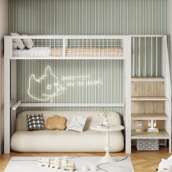 Okwish Lit Mezzanine 90x200 cm - Lit enfant avec Rangement, Armoire Intégrée, Étagères et Échelle Sécurisée, Métal Blanc* Lit Mezzanine