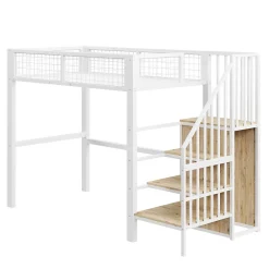 Okwish Lit Mezzanine 90x200 cm - Lit enfant avec Rangement, Armoire Intégrée, Étagères et Échelle Sécurisée, Métal Blanc* Lit Mezzanine
