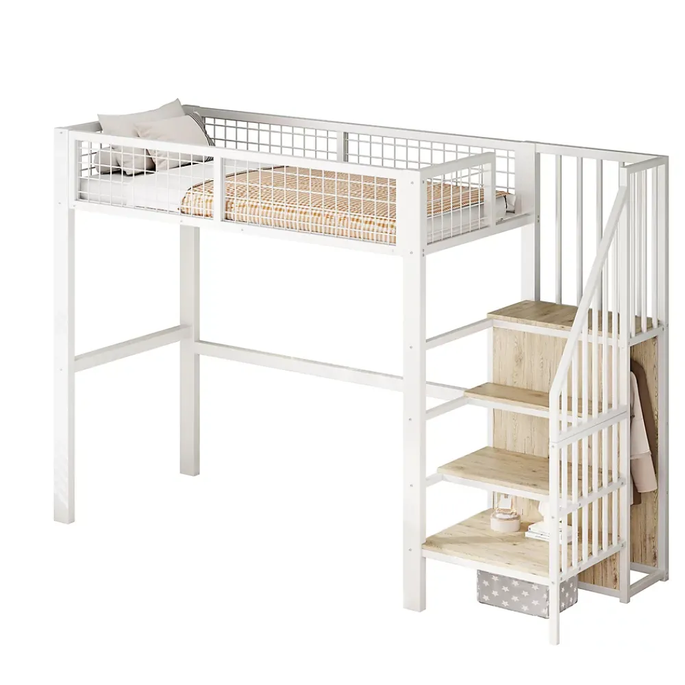 Okwish Lit Mezzanine 90x200 cm - Lit enfant avec Rangement, Armoire Intégrée, Étagères et Échelle Sécurisée, Métal Blanc* Lit Mezzanine