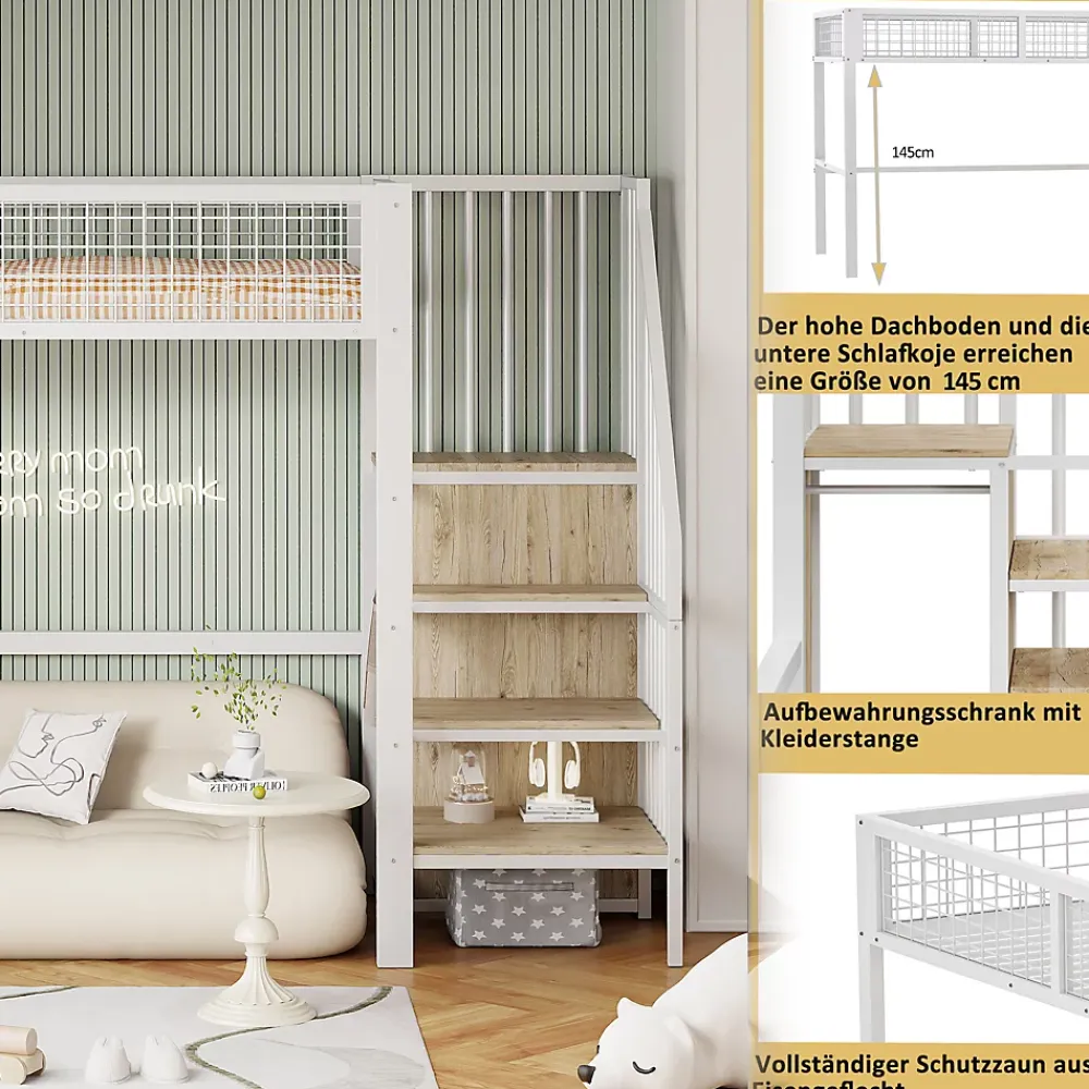 Okwish Lit Mezzanine 90x200 cm - Lit enfant avec Rangement, Armoire Intégrée, Étagères et Échelle Sécurisée, Métal Blanc* Lit Mezzanine