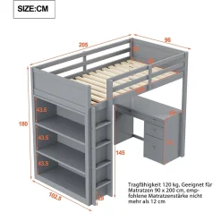 Lit Mezzanine 90x200 cm - Lit enfant avec Bureau et Rangement, Lit Combiné en Bois de Pin Gris, Sans Matelas><noscript><img width=